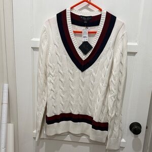 Brooks Brothers White V-Neck Sweater with Navy and Red Stripes